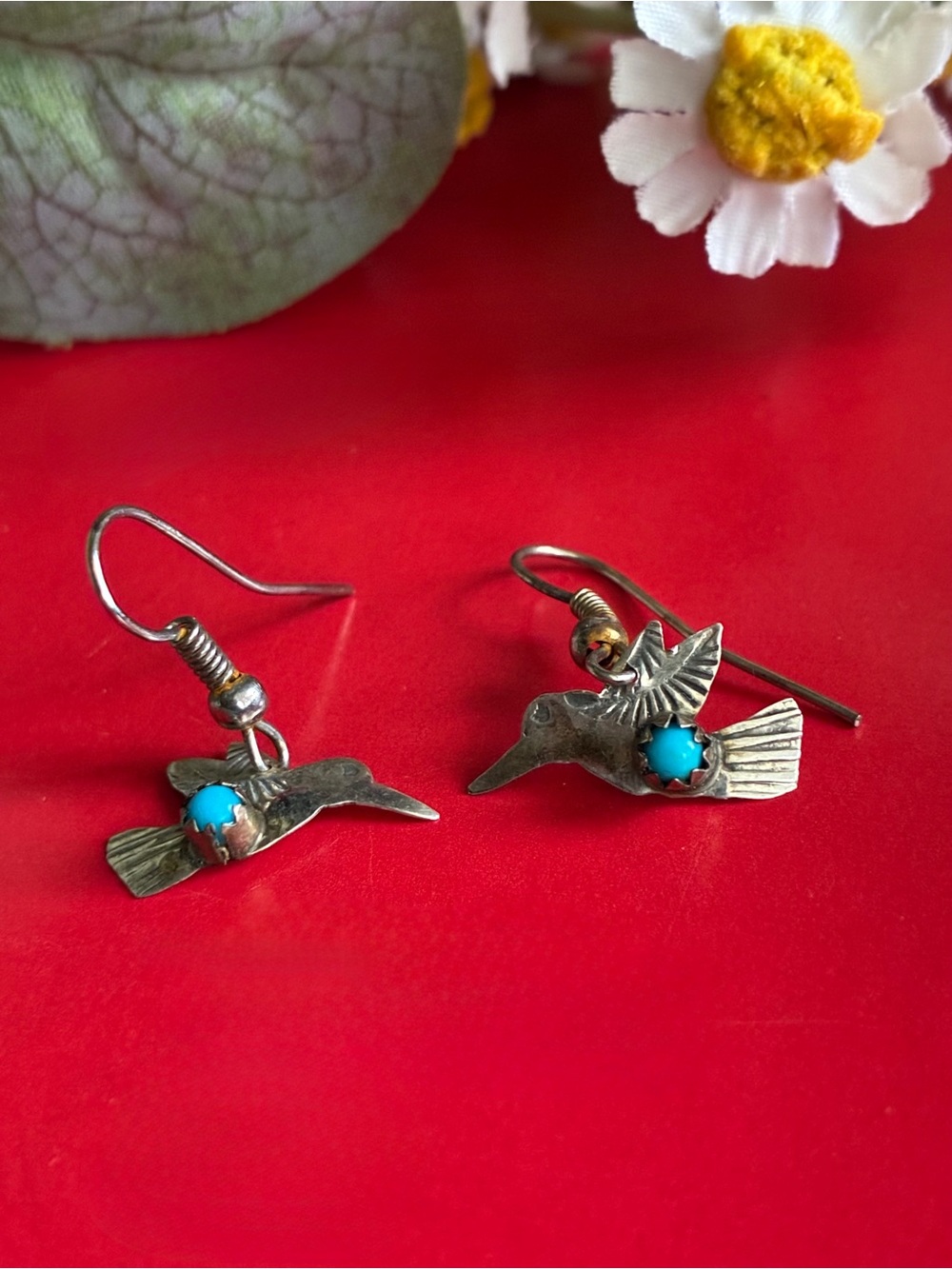 Sterling Hummingbird Earrings with Turquoise Accent - Silver Tone